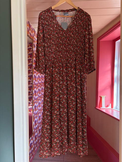 Autumnal Ditsy Shirring Notch Neck Dress ~ Chocolate