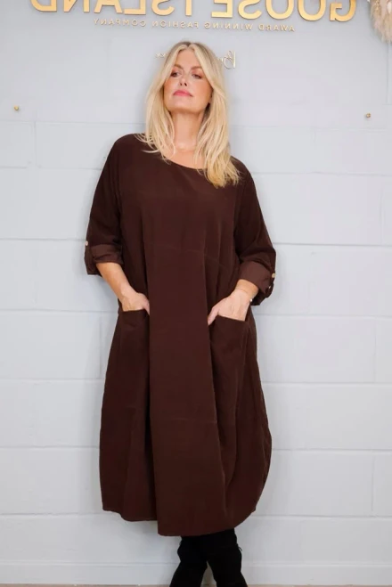 Fine Cord Long Sleeved Dress ~ Chocolate