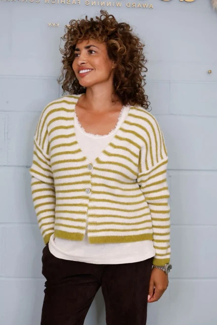 Woollen Knitted Striped Cardigan ~ Olive
