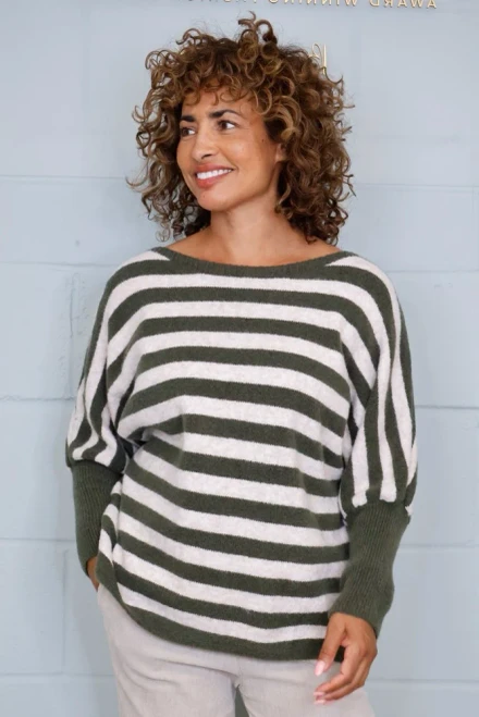Lana Wool Striped Wide Neck Jumper ~ Khaki