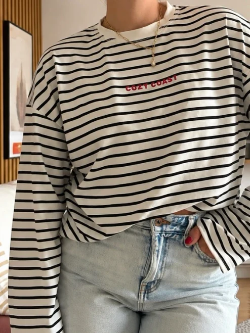 Cozy Coast ~ White and Navy Striped Top