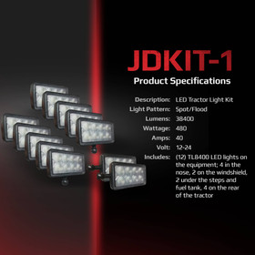 Tiger Lights 12V LED Tractor Light Kit for John Deere 8100 Flood Off-Road Light; JDKit-1