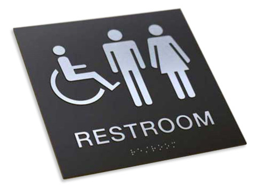 Wheelchair Accessible Restroom Right Sign 9x9 in ADA-Compliant Braille and Raised Letters Blue Acrylic with Mounting Strips by ComplianceSigns 