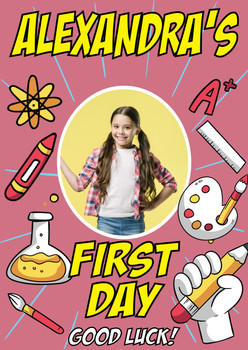 First Day Comic Style Pink Birthday Card