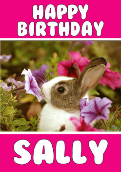 Funny Bunny Pink Flowers Birthday Card