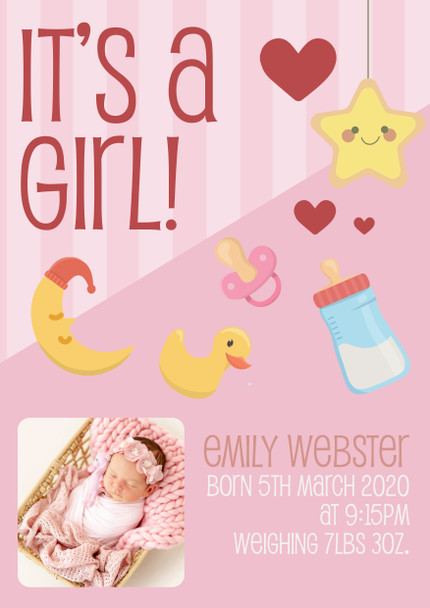 Baby Announcement Girl Picture Upload Name, Time, Date, Weight Birthday Card