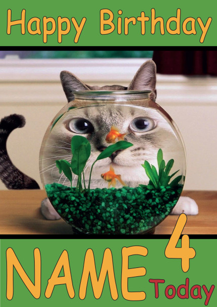 Funny Cat Looking At Fish Bowl Birthday Card