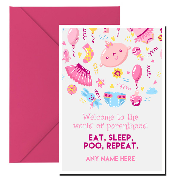 Personalised Baby Girl Eat, Sleep, Poo, Repeat Wish Card