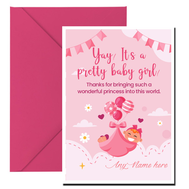 Personalised Baby Girl Yay! Pretty Baby Girl Wish Card