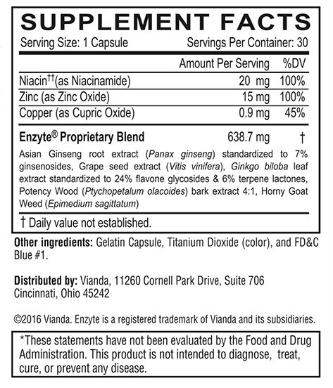 Official Enzyte 6 Month Supply Male Enhancement Supplement | Natural Performance Support Supplement Facts Panel