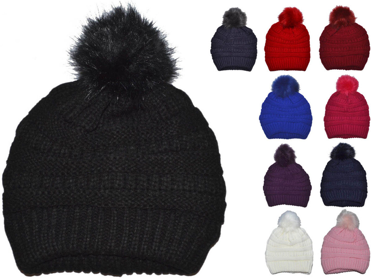 Pom Pom Beanie Hat for Winter Black / Faux Fur