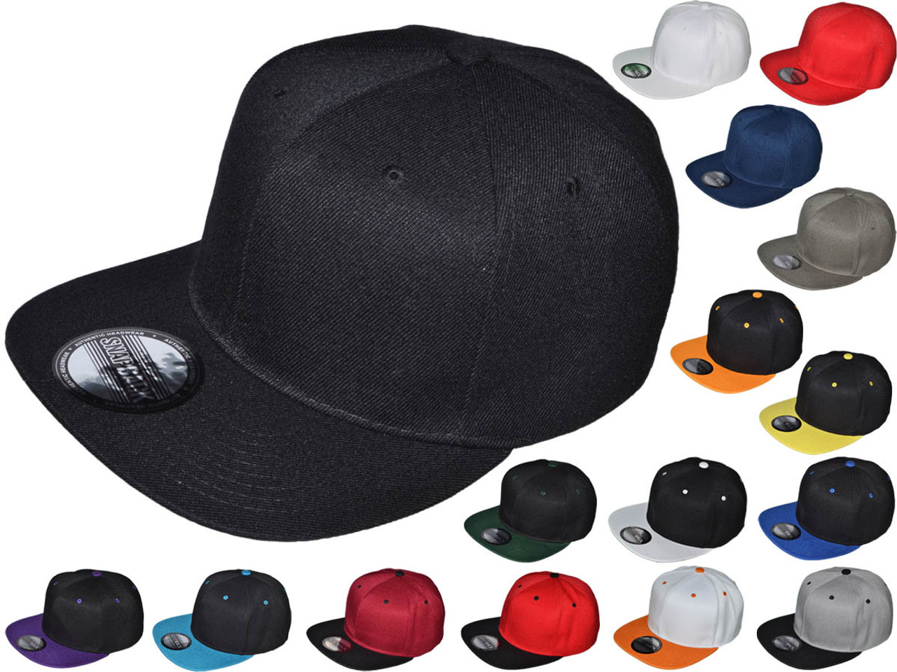 Wholesale Flat Bill Blank/Plain Snapback Hats with Same Color Underbill,  Black, white, gray, green, blue, pink, fuchsia, red, camo, digital camo,  heather gray, 2 tone, burgundy, purple, lime, neon