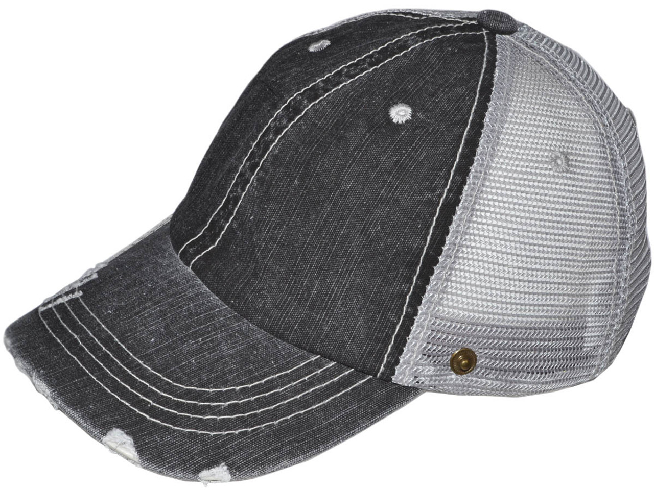 Blank Vintage Trucker Hats with Snaps On Sides - Low Profile Unstructured Washed Frayed Cotton Blend Twill Mesh BK Caps (Black) - 5343