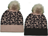 Leopard Fur Pom-Pom Beanies - Winter Warm Long Knit Thick Ribbed Cuffed Soft Ladies Beanie Hats Leopard Fur Pom-Pom Beanies - Winter Warm Long Knit Thick Ribbed Cuffed Soft Ladies Beanie Hats