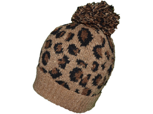 Leopard Knitted Beanie Hat - Khaki