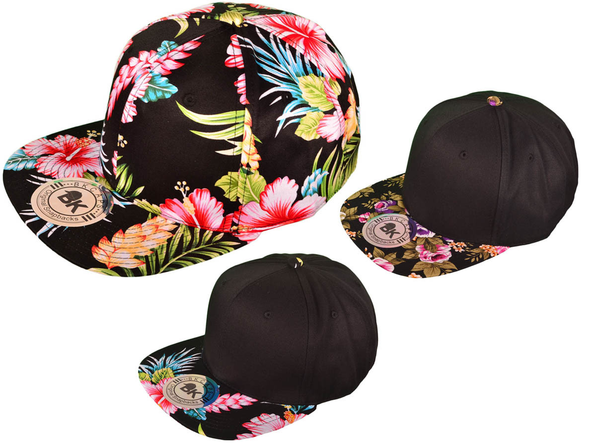 Floral Cotton Snapback Hats - Flat Bill BK Caps 2 Tone FLOWER (Choose Color/Pattern) - 2985