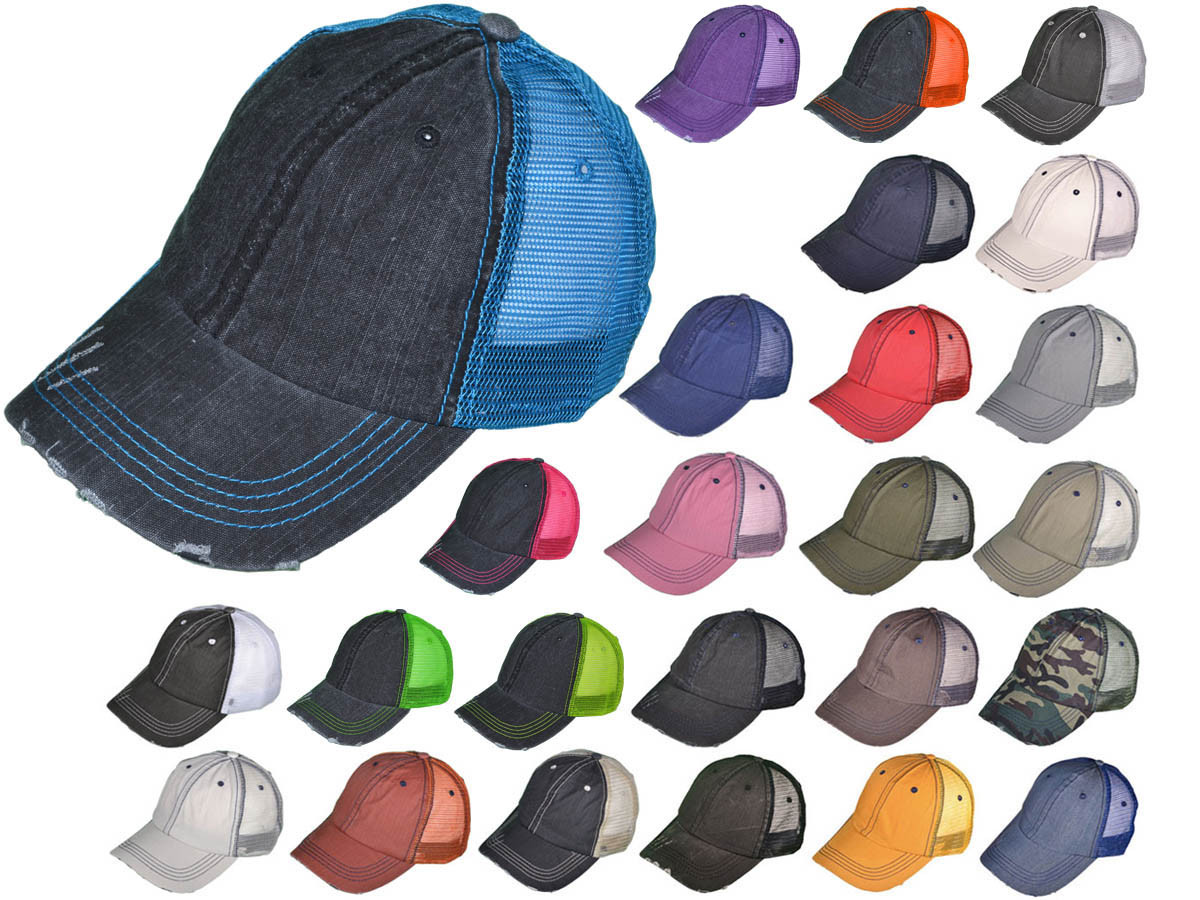 Vintage Trucker HATS - Cotton Low Profile Unstructured Washed Ripped Frayed BK Trucker (24 Colors) -