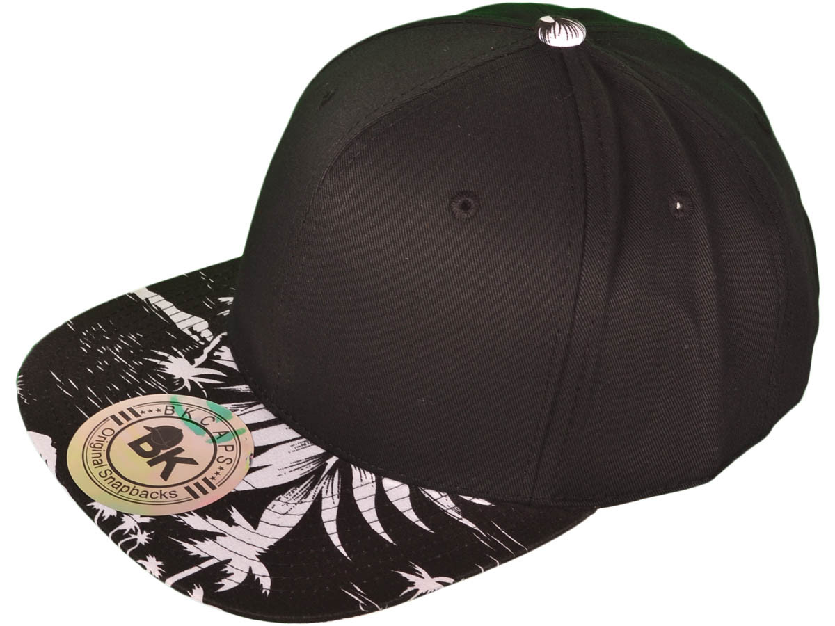 Floral Cotton Snapback HATs - Flat Bill BK Caps 2 tone (Front is Black and Brim is Hawaii Black) -
