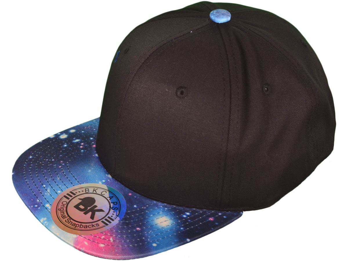 Flat Bill Galaxy Snapback HATs - BK Caps Cotton (Front is Black and Brim is Galaxy Blue) - 3535