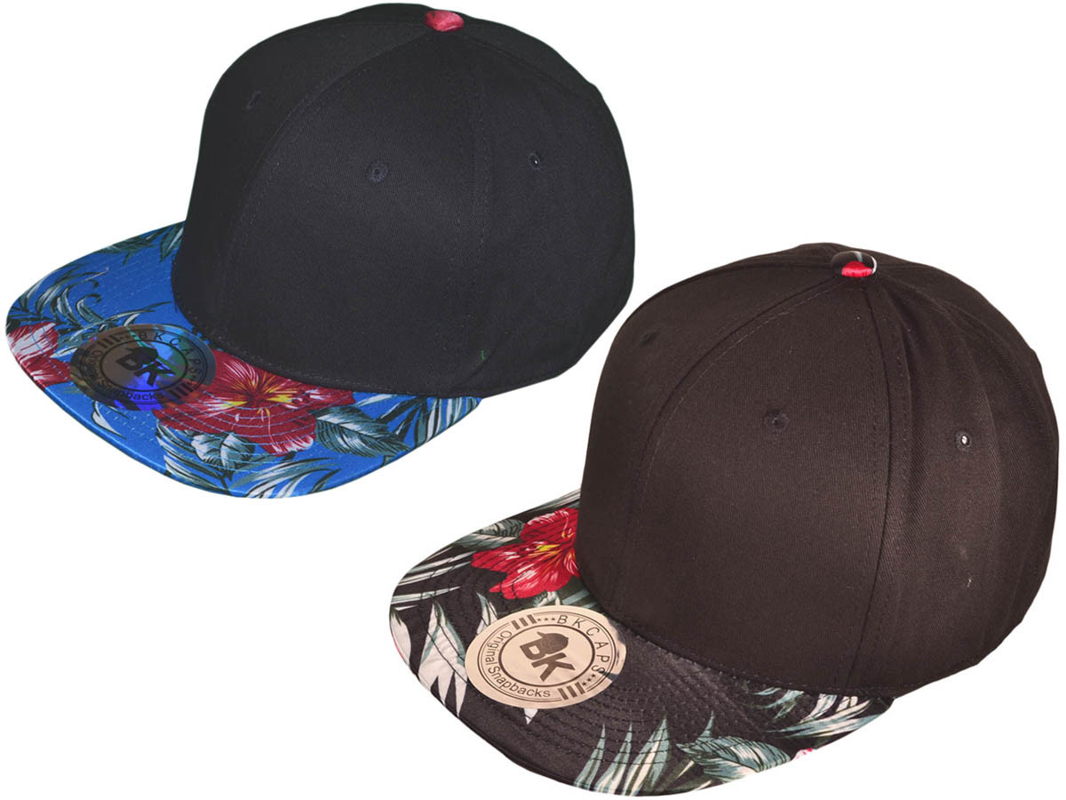 Floral Snapback HAT - Flat Bill BK Caps 2 Tone (Black & Royal Floral) - 4452