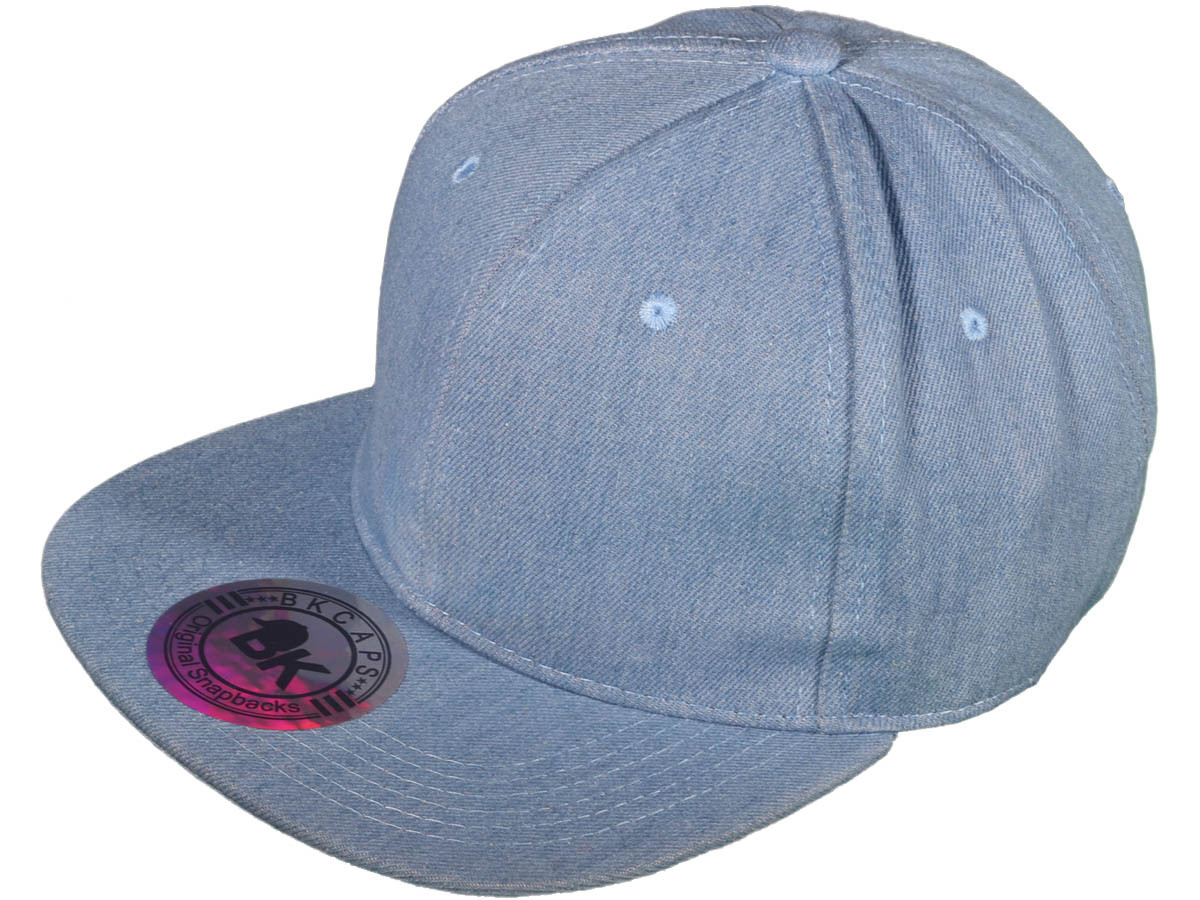 Flat Bill Blank/Plain Snapback HATS - BK Caps Cotton With Same Color Underbill (Sky Denim) - 4896