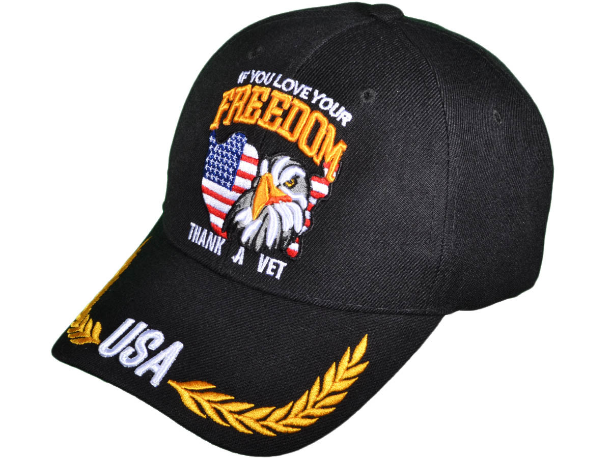 ''If You Love Your Freedom, Thank a Vet Embroidered US Military BK CAPs BASEBALL Hat (Black) - 5010''