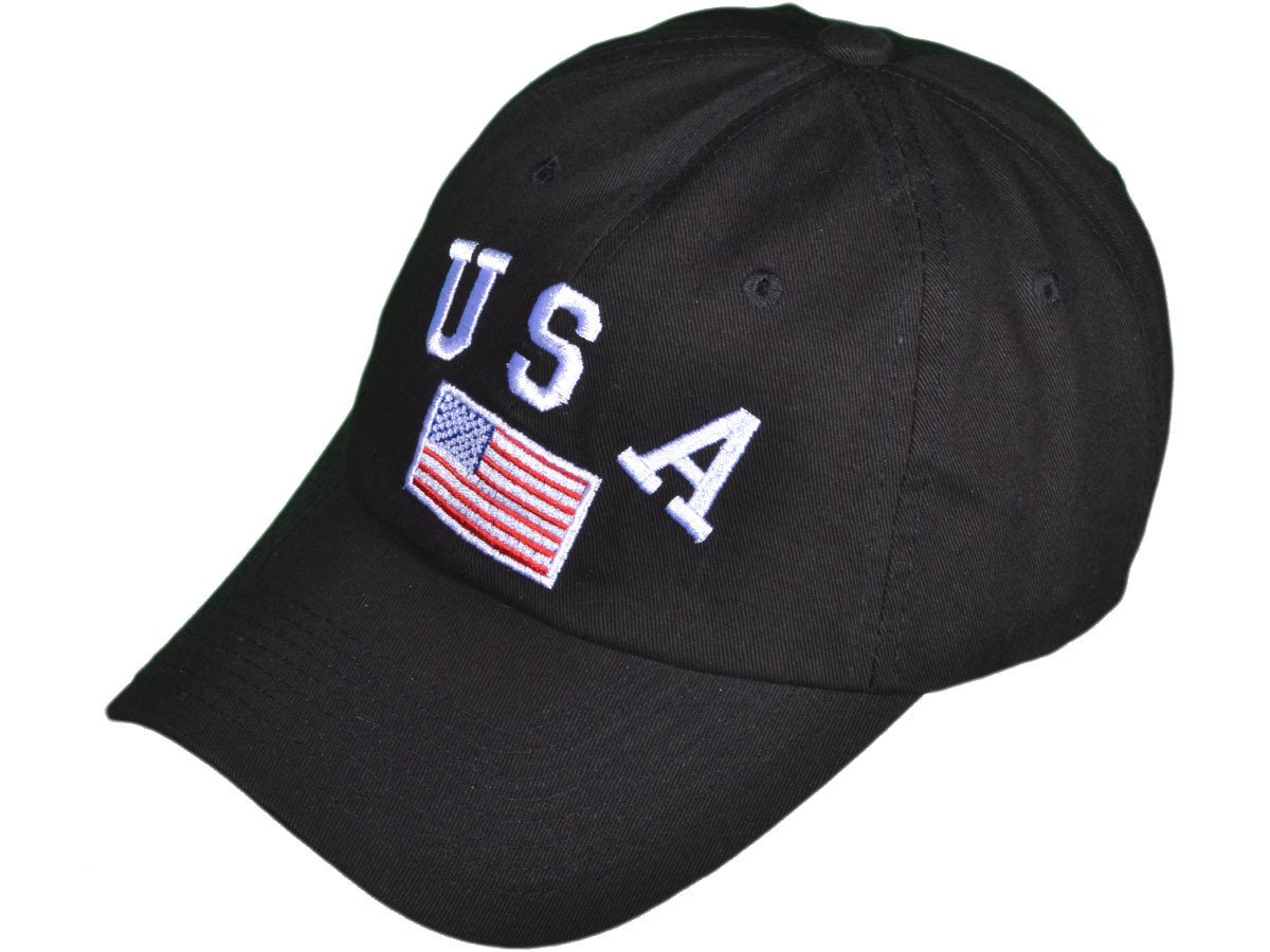 Patriotic Dad Hats - Embroidered Unstructured Cotton Color USA FLAG Polo BK Caps (Black) - 5043
