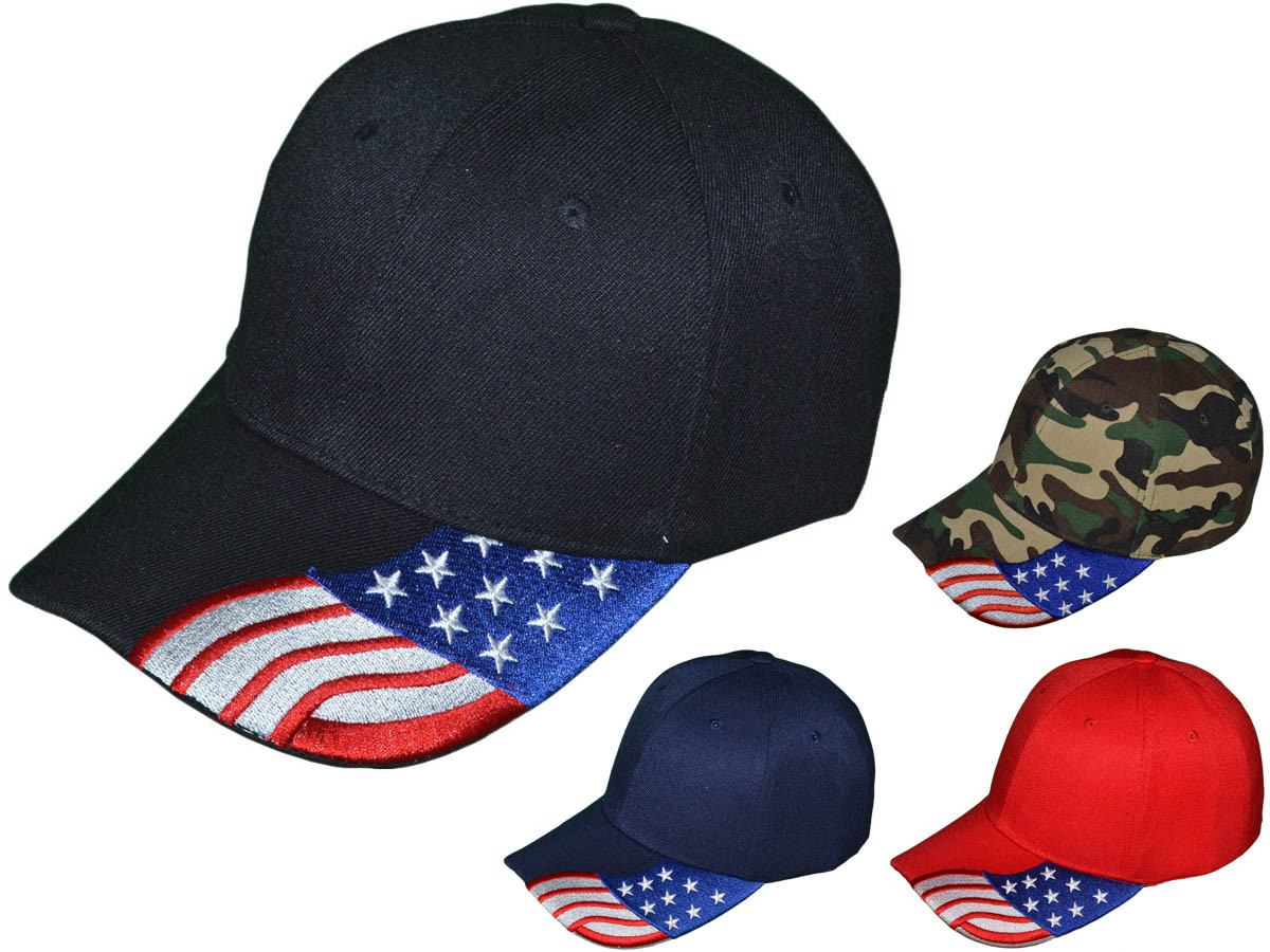 Patriotic Baseball HATS - USA Flag Embroidered on Bill BK Caps (4 Colors) - 5211