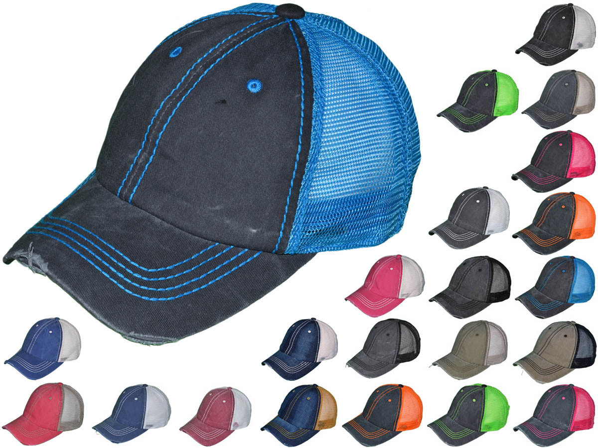 VINTAGE Distressed Trucker Hats - BK Caps Low Profile Pigment-Dyed Cotton Ripped (22 Colors