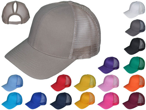 Wholesale Ponytail Blank Trucker - Structured Cotton BK Caps Women Mesh Back Messy High Bun (17 Colors Available)