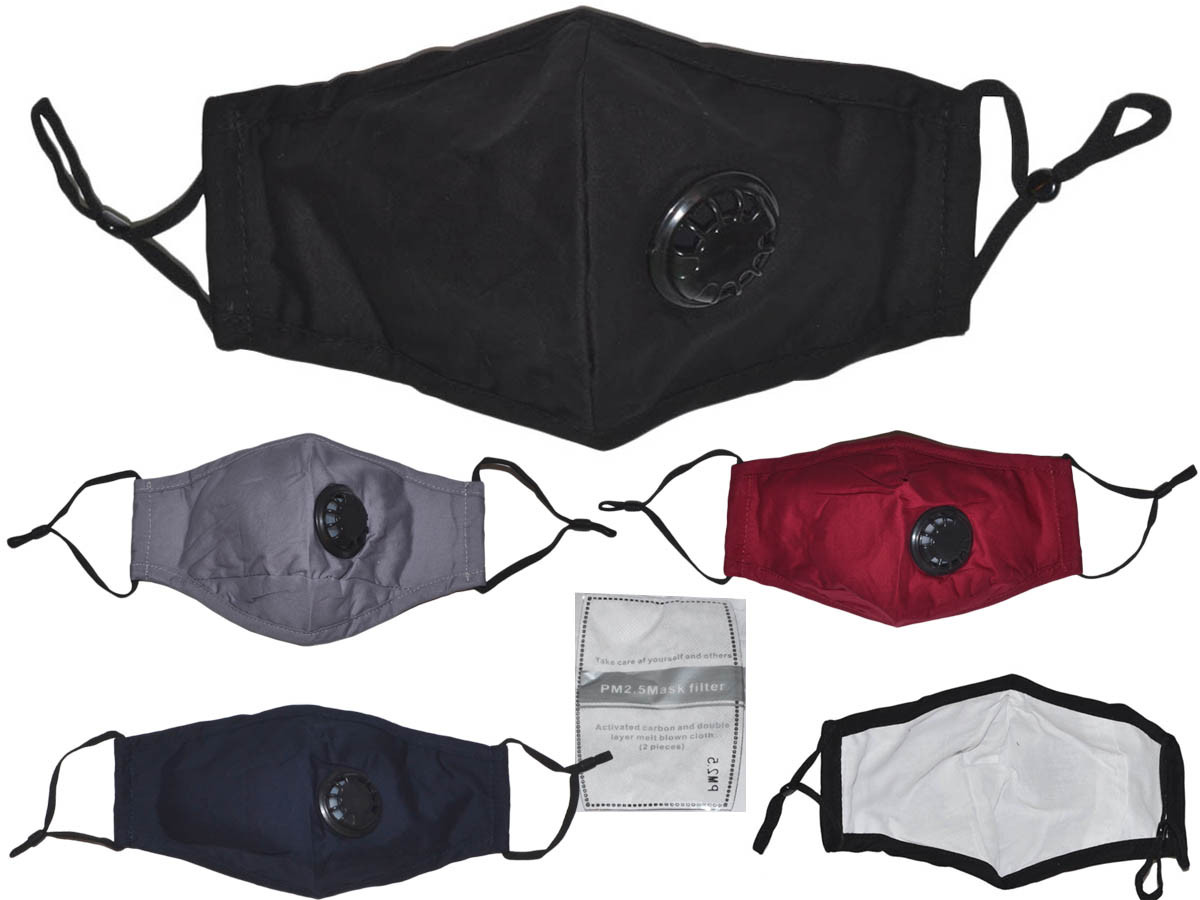 *Dozen Pack* Reusable Cotton Face Masks with Valve & Filters (Assorted) - 5285