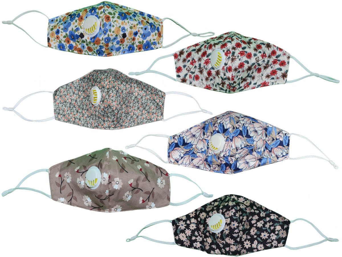 *Dozen Pack* Reusable Ladies Floral Print Fabric Face Masks with Valve (Assorted) - 5290