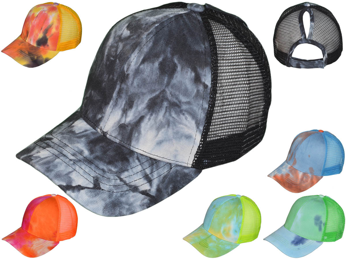 Tie-Dye Ponytail Trucker HATs - Low Profile Structured Cotton/Mesh Ladies BK Caps (6 Colors) - 5299