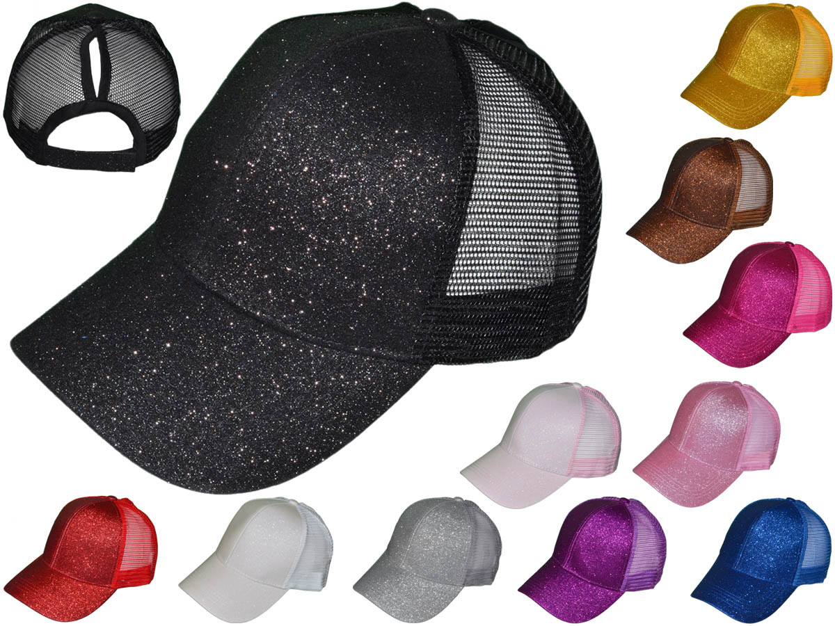Glitter Ponytail Trucker HATs - Low Profile Structured Mesh Ladies BK Caps (11 Colors) - 5300