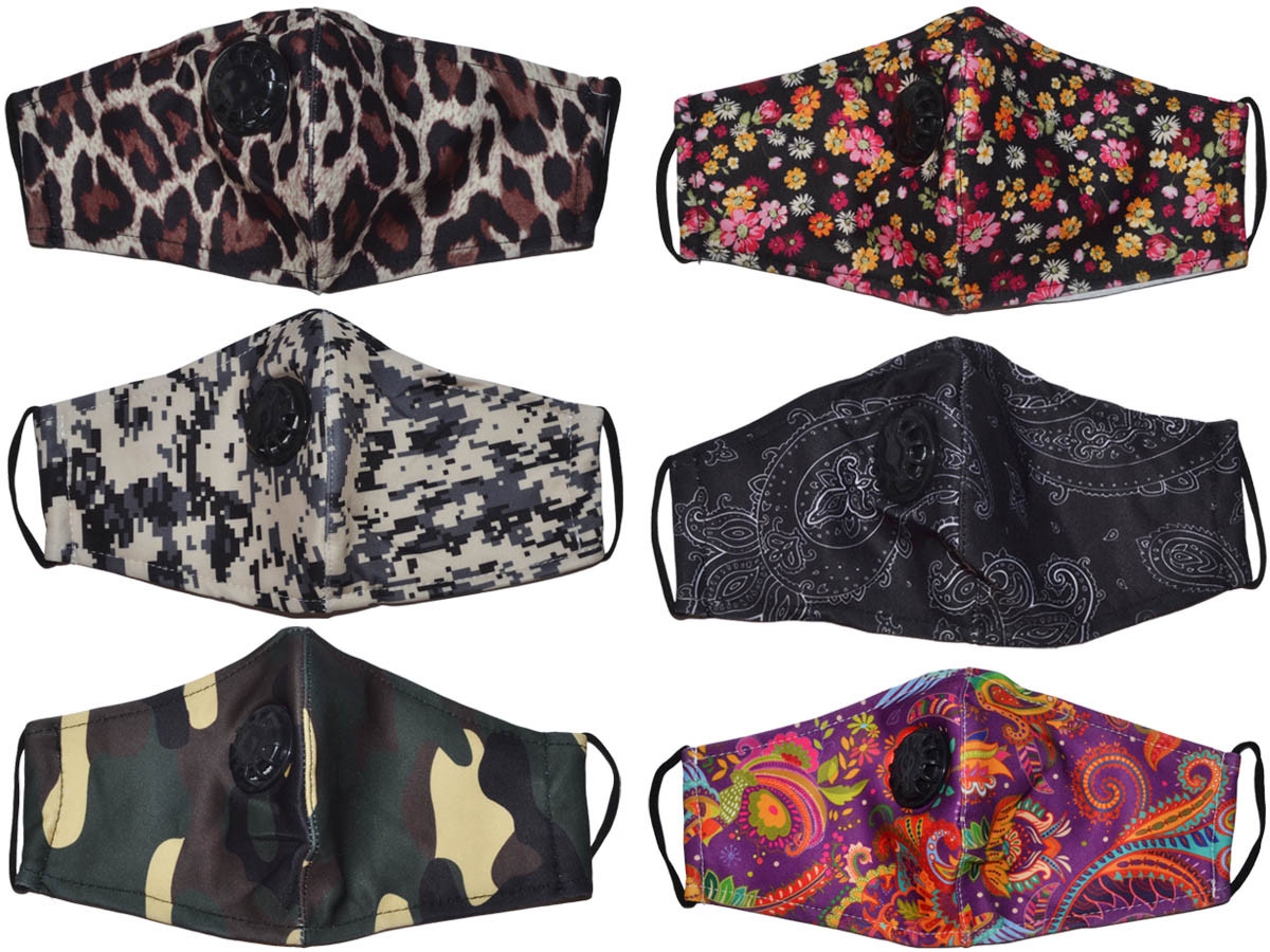 *DOZEN Pack* Printed Face Masks with Valve & Filter Pocket Reusable (Assorted) - 5307