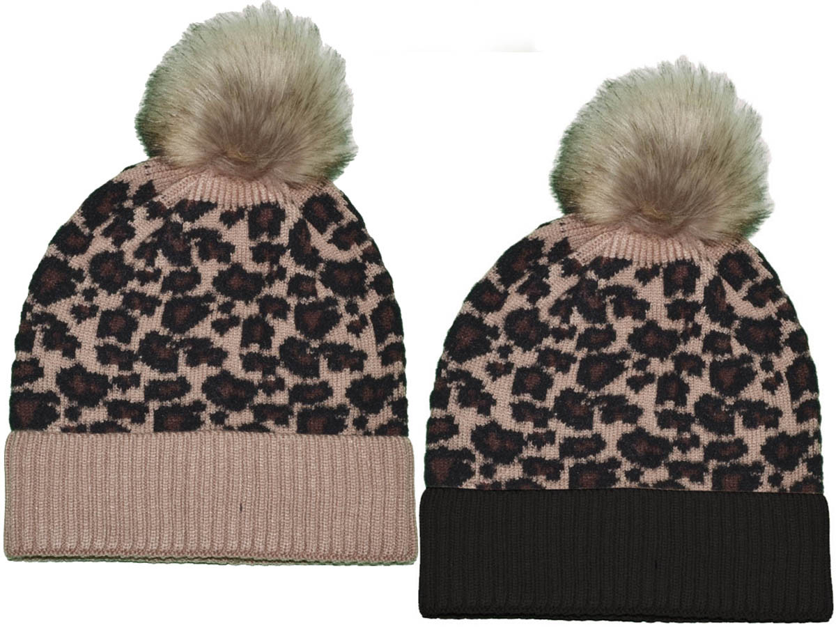 Leopard Beanies with Removable Raccoon Fur Pom-Pom - Winter Warm Long Knit Thick Ribbed Cuffed Soft