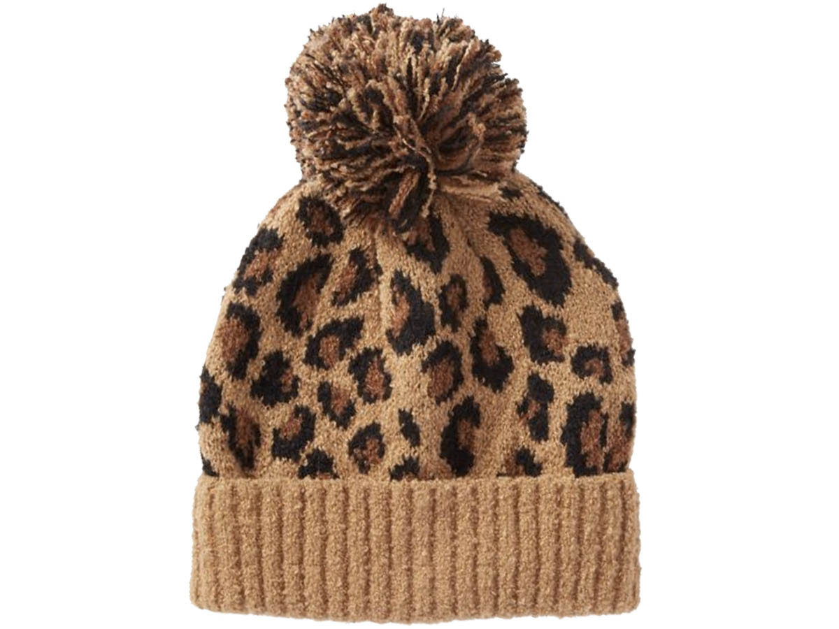 Leopard Pom-Pom Beanies - Winter Warm Long Knit Ribbed Cuffed Soft Ladies Beanie HAT (Latte) - 5329