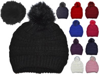 Winter Beanie W/Fur Pom-Pom - Warm Knit Soft Ladies Beanie Hat all colors