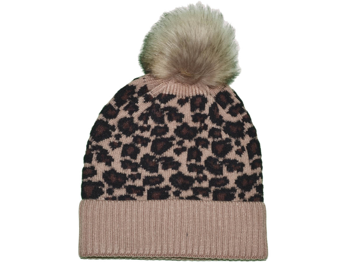 *Youth Size* Leopard Beanies W/Removable Raccoon Fur Pom-Pom - Winter Warm Long Knit Thick Ribbed