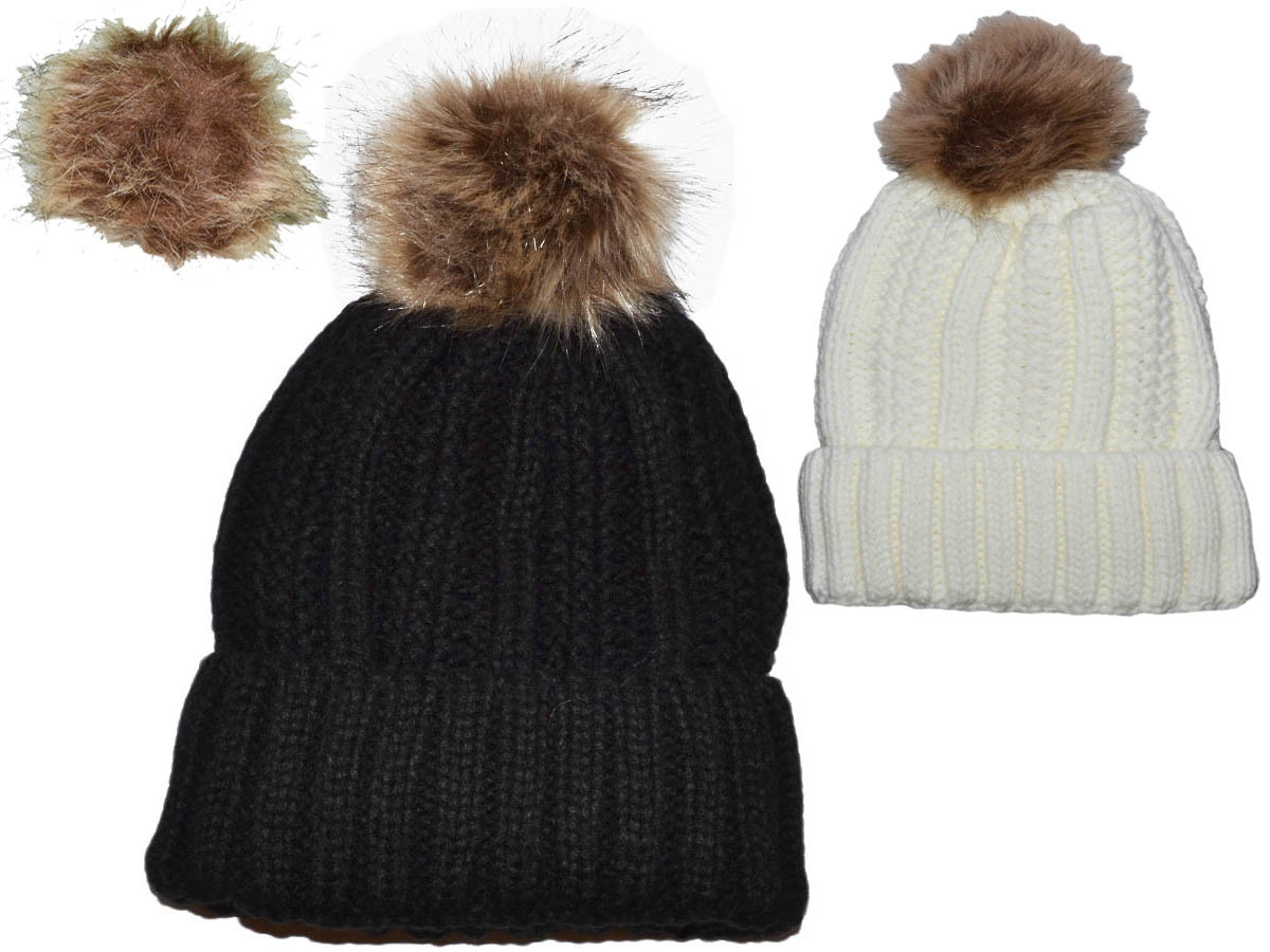 *Youth Size* Winter Beanie W/Raccoon Fur Pom-Pom - Extra Warm Lined Interior Long Knit Thick Ribbed
