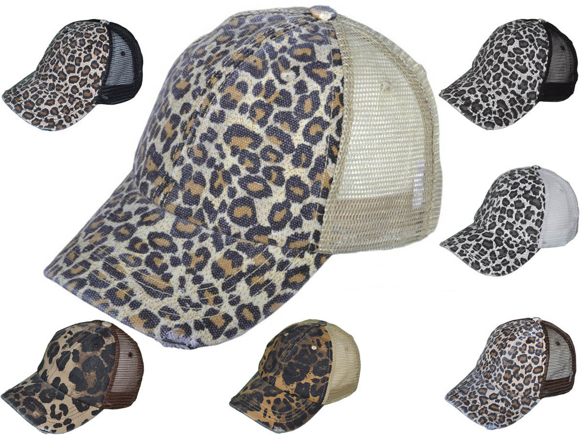 Animal Print Vintage Trucker Hats Soft Structured Distressed Washed Canvas Leopard LADIES BK Caps