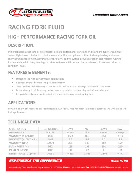 Maxima Fork Fluid Racing Formula (SAE 5wt) 1 Litre (12 Per Box) Data Sheet