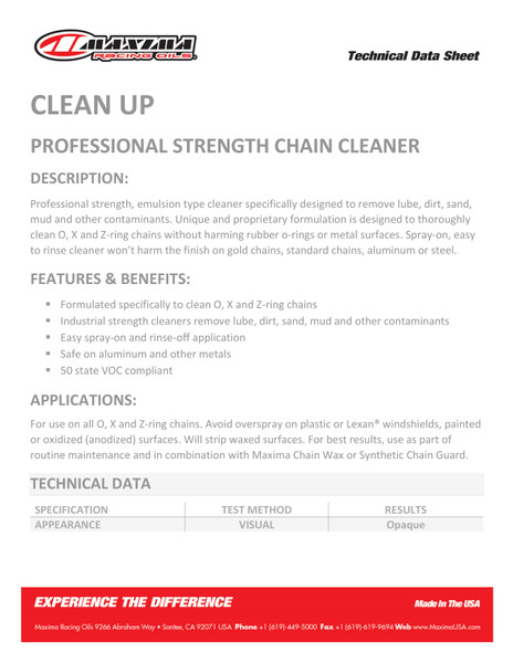 Maxima Clean Up Degreaser & Chain Cleaner 460ml (12 Per Box) Data Sheet