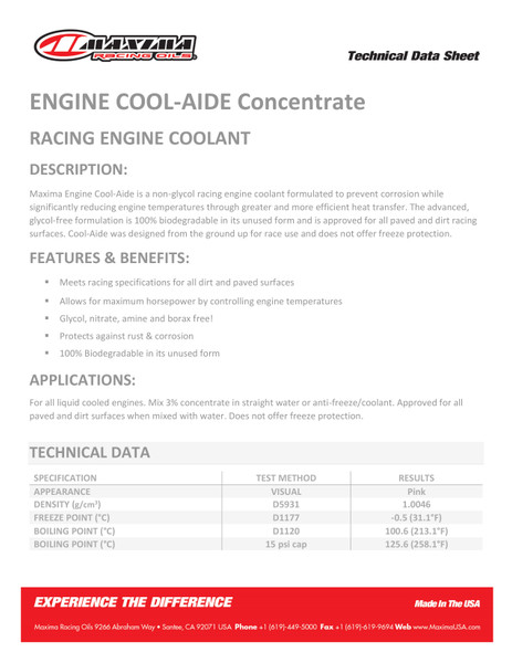 Maxima Cool-Aide Racing Concentrate Coolant 454ml (12 Per Box) Data Sheet