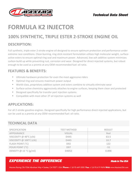 Maxima Formula K2 Injector Motoröl 1 Liter | 100% Synthetik, Ester-basiert | Für 2-Takt Motoren Mit Direkteinspritzung