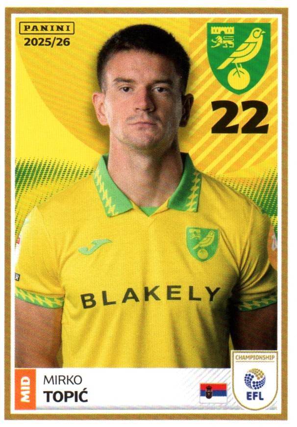 #228 Mirko Topic (Norwich City) Panini EFL 2025/26 Sticker Collection ...