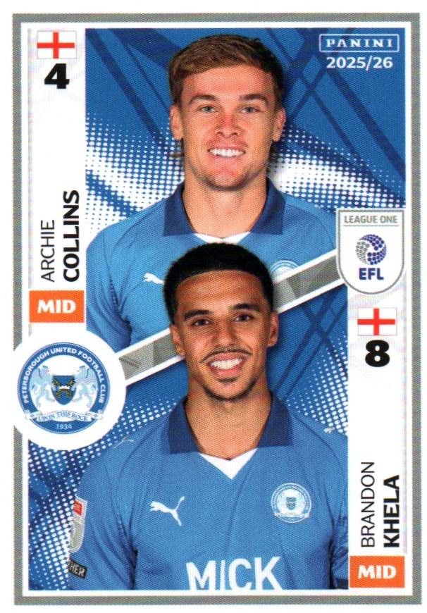 #609 Archie Collins/ Brandon Khela (Peterborough United) Panini EFL ...
