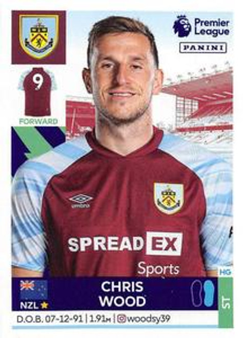 #159 Chris Wood (Burnley) Panini Premier League 2022 Sticker Collection