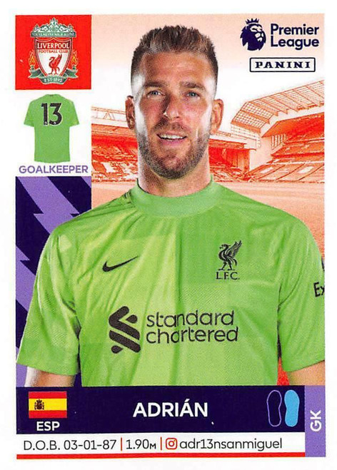 #349 Adrian (Liverpool) Panini Premier League 2022 Sticker Collection