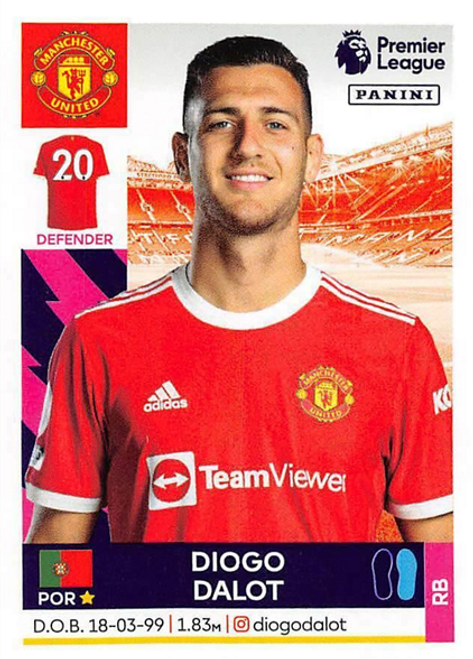 #411 Diogo Dalot (Manchester United) Panini Premier League 2022 Sticker Collection
